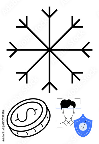 Snowflake, coin, facial recognition icon, and shield with checkmark. Ideal for technology, finance, security, winter promotions, digital identity innovation and a simple landing page