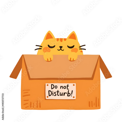 Cartoon cat relaxing in box with do not disturb sign