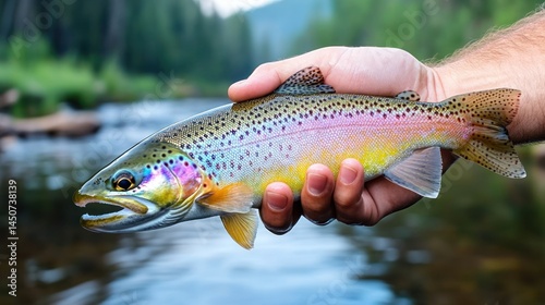 Vibrant trout closeup in hand over river
