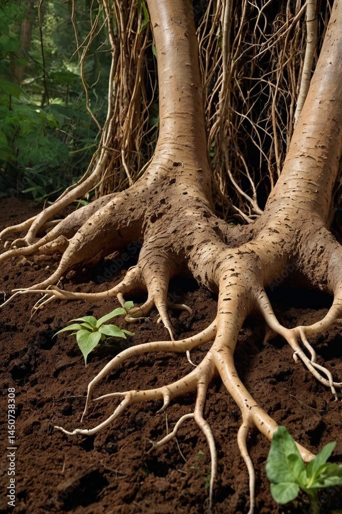 Fototapeta premium Ancient Tree Roots Deep in the Soil, Radiating the Timeless Power of Nature and the Fresh Air of the Forest