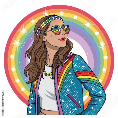 Vibrant, young woman at a music festival, wearing a sparkly jacket, with glitter makeup, radiating joy and energy.  Close-up portrait.