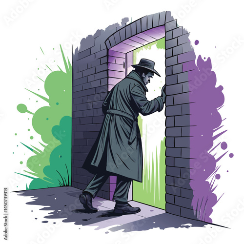 A mysterious figure in a trench coat dramatically opens a shimmering, otherworldly portal within a dark, rain-slicked alleyway in Washington state.
