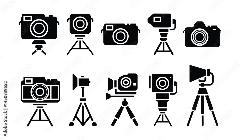 Obraz premium Camera and Video Equipment Icons Vector Set Tripods DSLR Action Cameras Studio Gear.