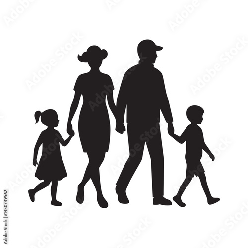 Family Of Four Walking Together Silhouette