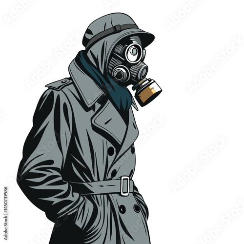 A mysterious figure, shrouded in shadow, dons a gas mask and long trench coat, standing alone in an urban setting.  The scene evokes a sense of unease and secrecy.