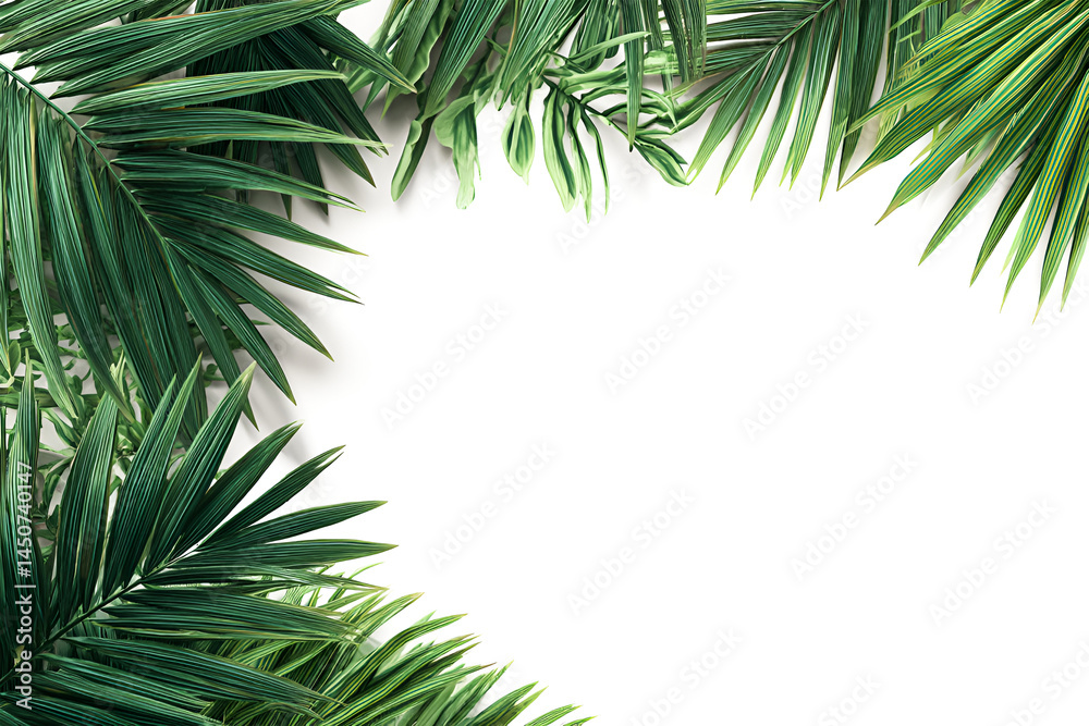 Fototapeta premium Tropical green leaves frame on white background perfect for summer design