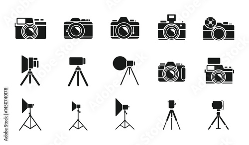 Camera and Video Equipment Icons Vector Set  Tripods DSLR Action Cameras Studio Gear.