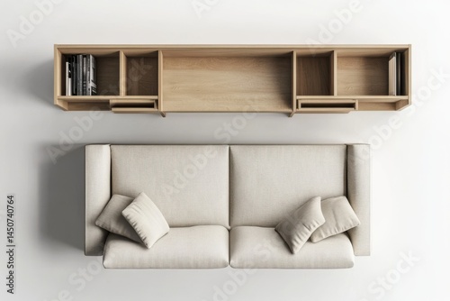 Sofa and shelf top view on white background on transparent background