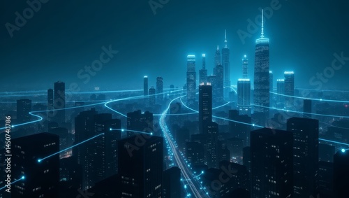 Smart city skyline with glowing digital data lines — perfect for urban tech presentations and IoT platform visuals
