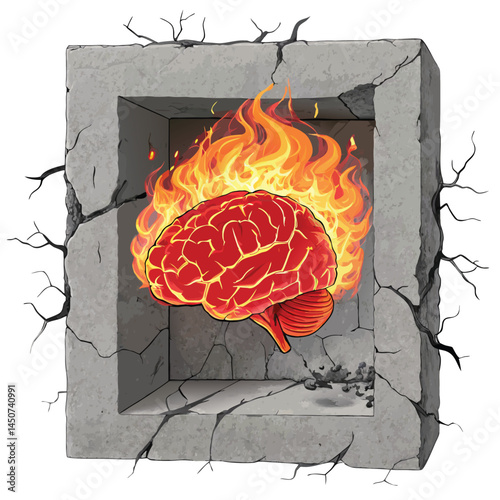A surreal image depicting a fiery brain engulfed in flames, trapped within a crumbling concrete structure, suggesting mental breakdown or societal pressure.