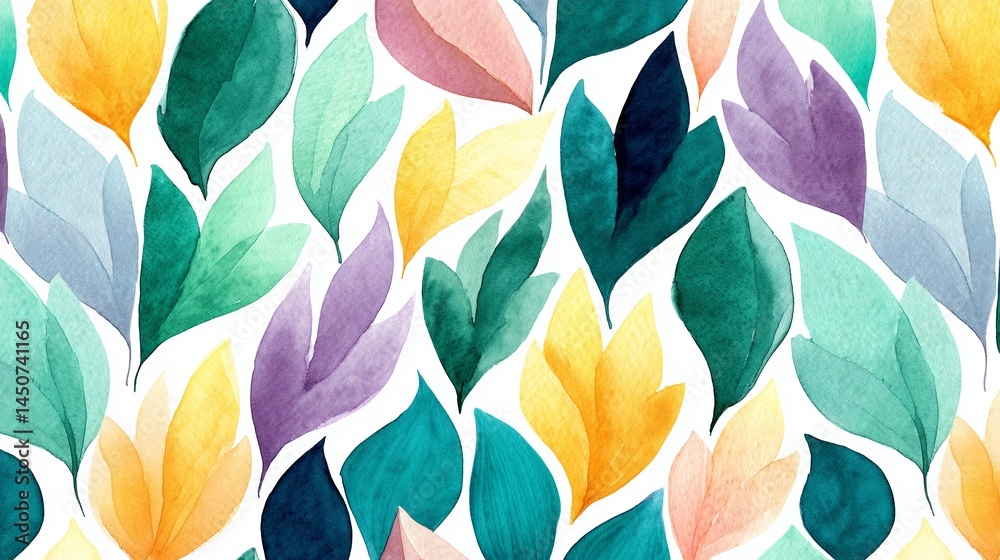 A painting of many different colored leaves with a white background