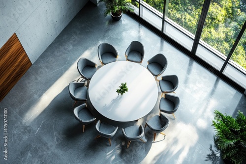 Round table with chairs aerial view on white background on transparent background