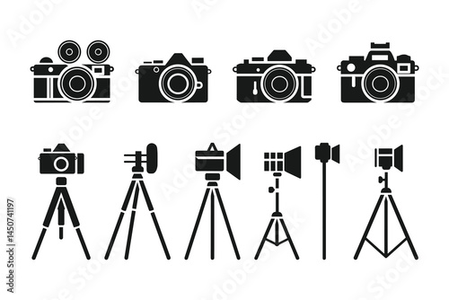 Camera and Video Equipment Icons Vector Set  Tripods DSLR Action Cameras Studio Gear.