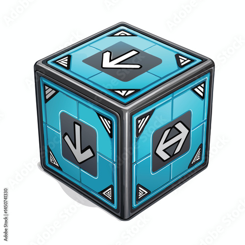 A futuristic, levitating cube displaying constantly shifting, abstract glyphs on each face.  High-resolution, detailed rendering.