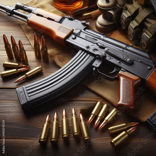 Display of a semi-automatic rifle surrounded by ammunition on a wooden surface in a tactical setting