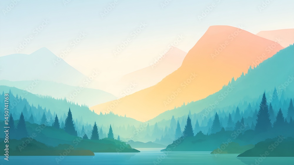 A mountain range with a blue sky and a lake in the foreground