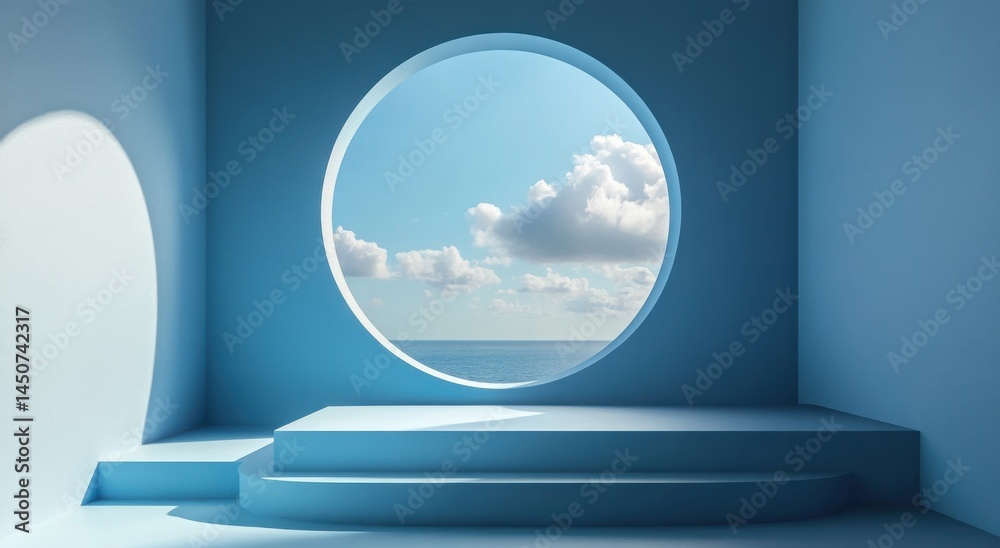 Abstract minimalistic design with a circular aperture over calm blue waters