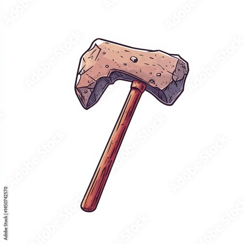 A hand-drawn stone hammer with a wooden handle, resembling a primitive tool, isolated on a white background.