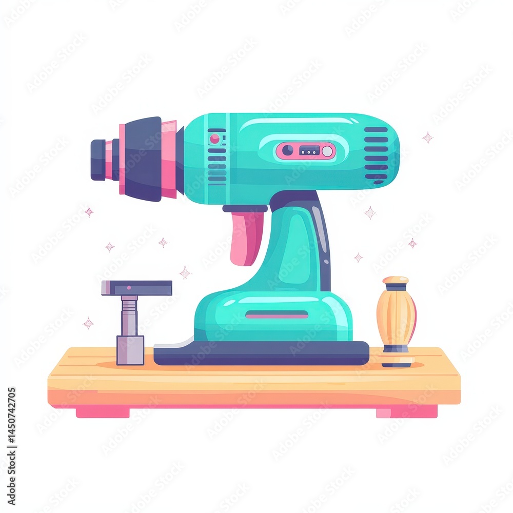Fototapeta premium A teal electric drill and tools illustrated on a wooden workbench, with a clean, colorful, and modern design style.