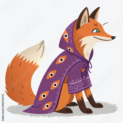 A cunning fox, adorned in a flowing orange robe, mysteriously displays eyes on its back.  Render in vibrant, detailed style.