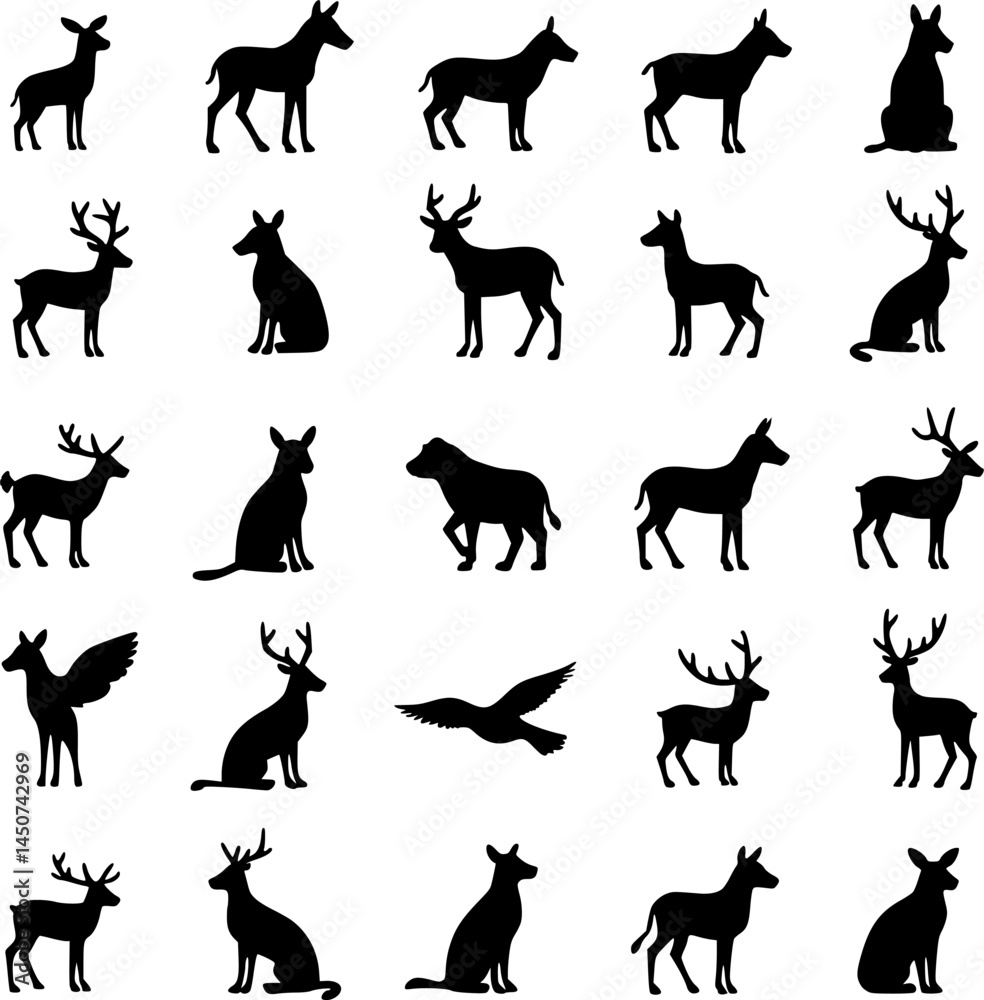 Fototapeta premium ​Black wildlife silhouettes set including deer, wolves, and wild animals isolated on white background.