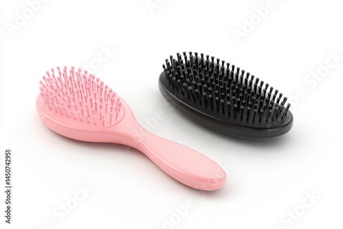 Pink and black hairbrushes close up on white background on transparent background