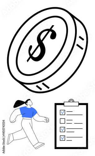 Dollar coin, motivated person walking, task checklist on clipboard. Ideal for finance, productivity, goal setting, planning, motivation, organization simple landing page