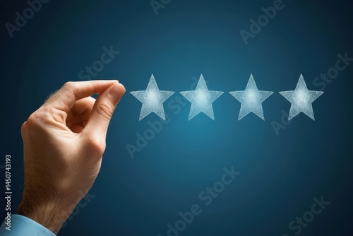 Hand adding fifth star rating on white background on transparent background photo