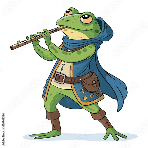 A whimsical illustration of a green frog wearing a bard's costume, complete with a flute and a leather belt.  The frog should have a cheerful expression.