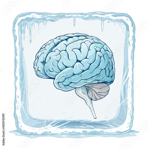 A human brain, frozen solid and encased within a translucent, blue ice crystal, detailed and realistic.  The ice frame is intricate and displays beautiful, icy textures.