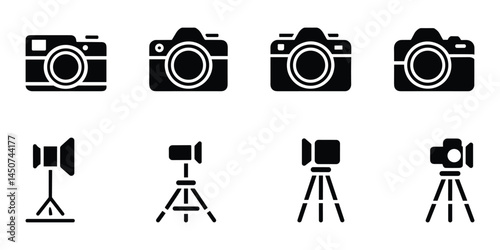 Camera and Video Equipment Icons Vector Set  Tripods DSLR Action Cameras Studio Gear.