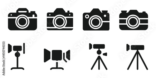 Camera and Video Equipment Icons Vector Set  Tripods DSLR Action Cameras Studio Gear.