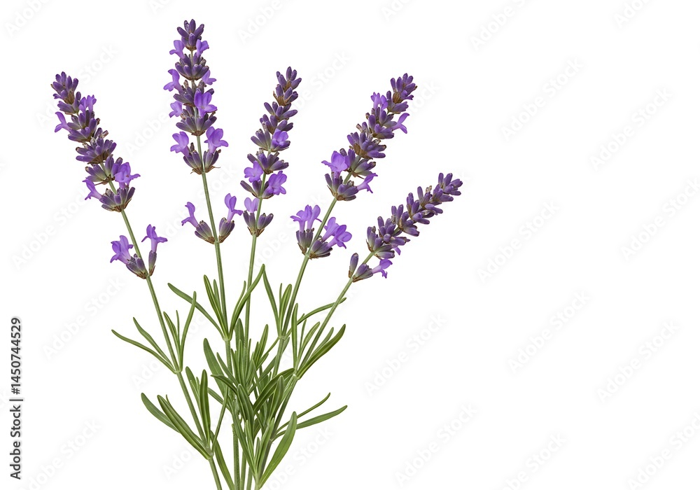 Naklejka premium A close up of lavender flowers with green stems isolated against a plain white background image view