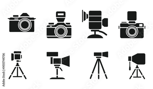 Camera and Video Equipment Icons Vector Set  Tripods DSLR Action Cameras Studio Gear.