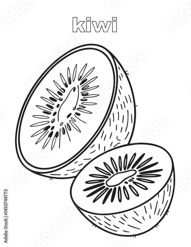 A simple and clean black and white image of two halves of a kiwi fruit with text 'kiwi'.