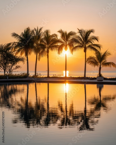 sunrise over the ocean with silhouettes of palm trees, soft golden light reflecting on water, calm tropical morning