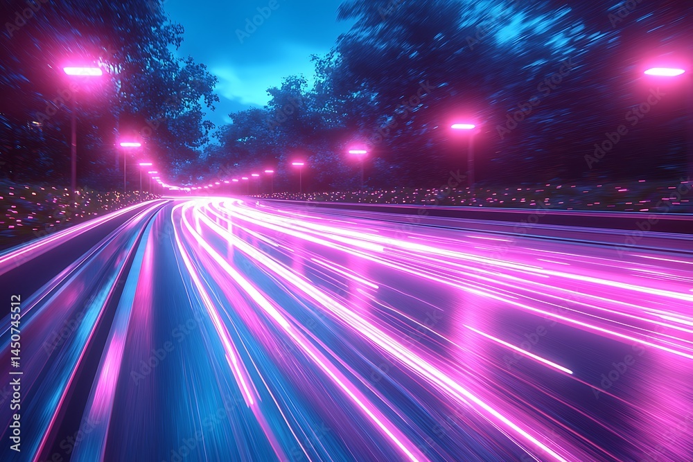 Obraz premium Neon-lit highway at night, speeding cars