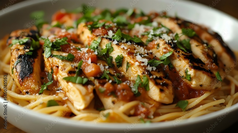Slices of grilled chicken with spaghetti pasta, tomato sauce, and fresh basil. Slices of grilled chicken with spaghetti pasta, tomato sauce, and fresh basil.
