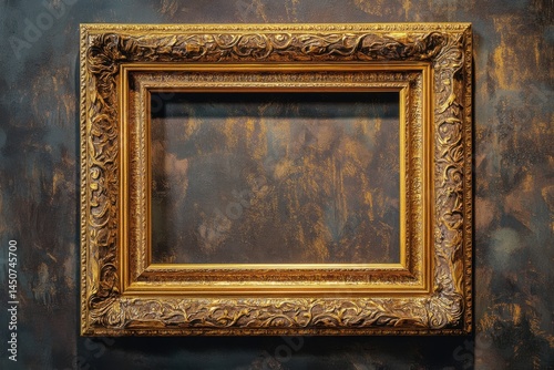 Ornate golden frame on a dark wall on white background on transparent background