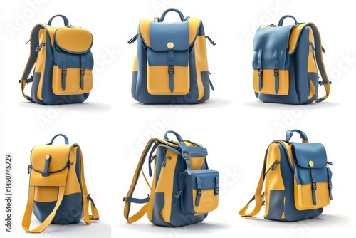 Six blue and yellow backpacks on white background on transparent background