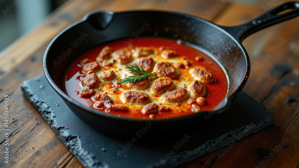 A skillet filled with delicious sausage stew, ready to serve on a rustic wooden table. A skillet filled with delicious sausage stew, ready to serve on a rustic wooden table.