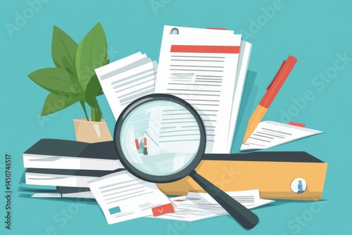 Documents and magnifier still life on white background on transparent background