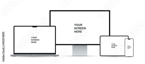 Realistic set of monitor, laptop, tablet, and smartphone. Modern digital devices collection. Vector illustration isolated on white background.