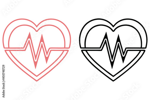 Pink heart outline displays heartbeat within, black heart outline presents a contrasting rhythm