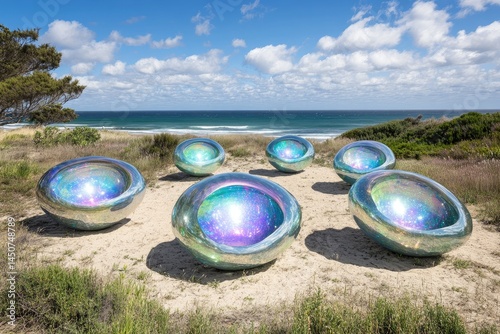 Coastal sculptures on sandy dunes photo