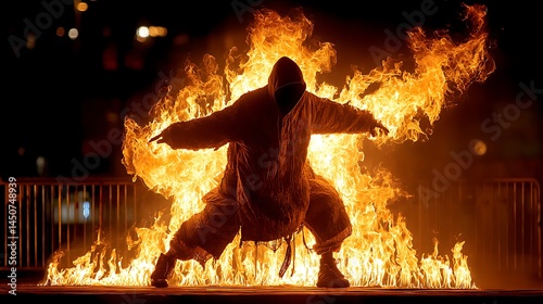 Fiery performer in hooded garment engulfed in flames