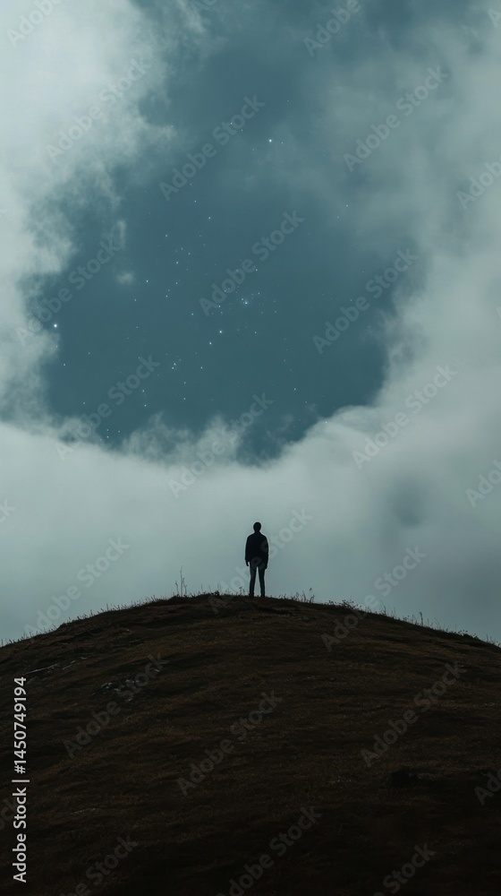 Solitary figure on a hilltop under a cloudy sky. Solitary figure on a hilltop under a cloudy sky.
