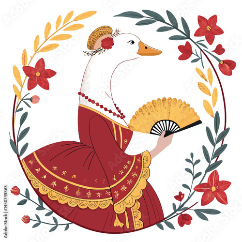 A majestic goose, elegantly attired in a white and gold noblewoman's dress, holding a delicate fan.  The scene is pristine and elegant.