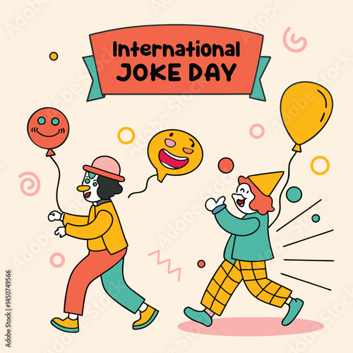 International Joke Day: Playful illustration with clowns and balloons to create humor and laughter on International Joke Day.