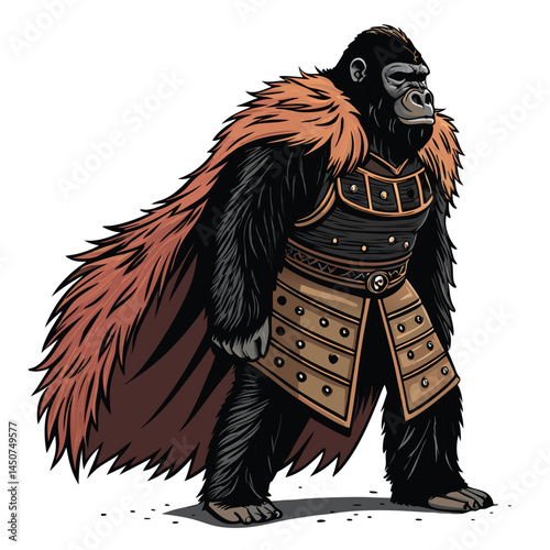 A powerful gorilla, clad in a meticulously detailed medieval warrior's leather vest and a large, shaggy fur cape, stands defiantly.